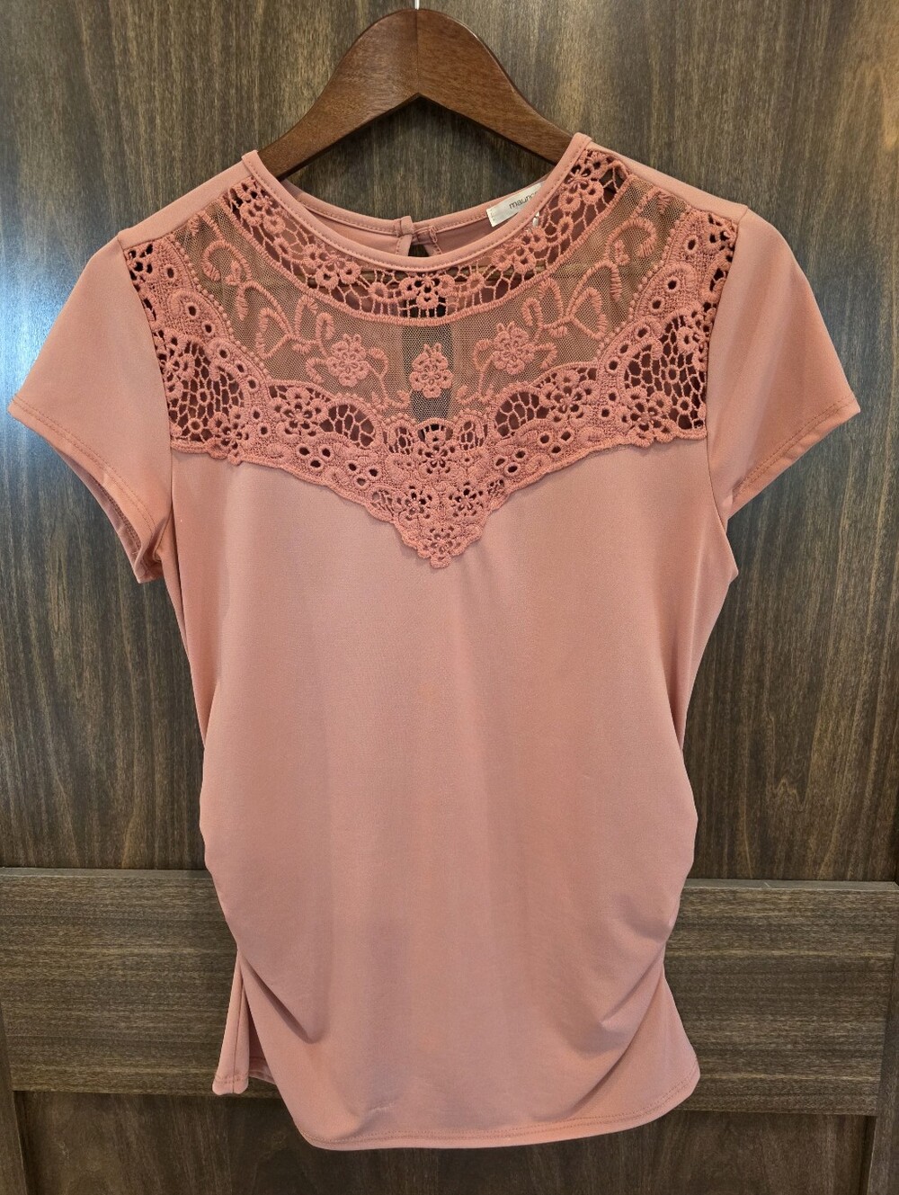 Maurices Women Medium Salmon Peach Pink Top With Crochet Detail Ruched Sides